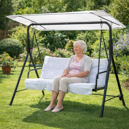 Balancelle 3 places noire et blanche à toit réglable