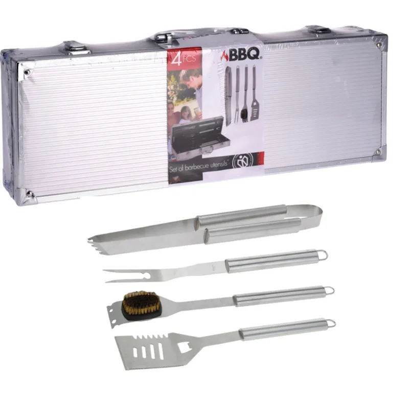 Kit 4 ustensiles barbecue inox - Mallette transport pratique