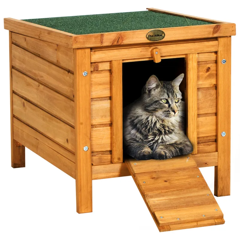 Niche chat en pin traité toit ouvrant - 42x51,5xH43 cm