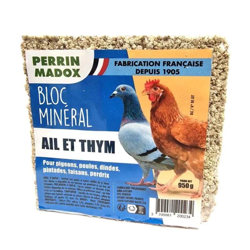 Bloc minéral ail-thym pour volailles 950g Perrin Madox