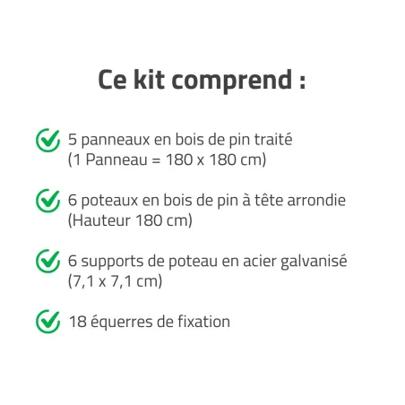 Kit clôture bois 9m - Panneaux 180x2,5 cm résistants