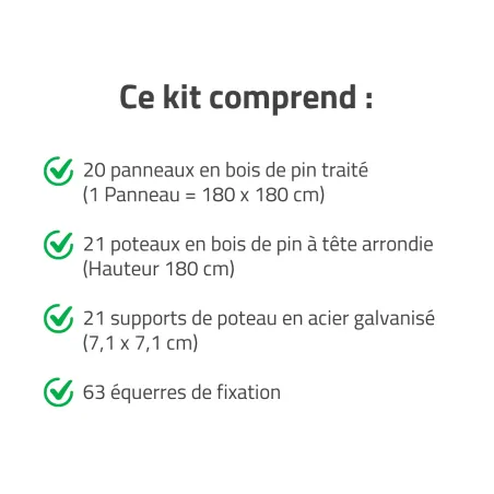Kit clôture bois 36m - Panneaux 180x3,5 cm pin traité