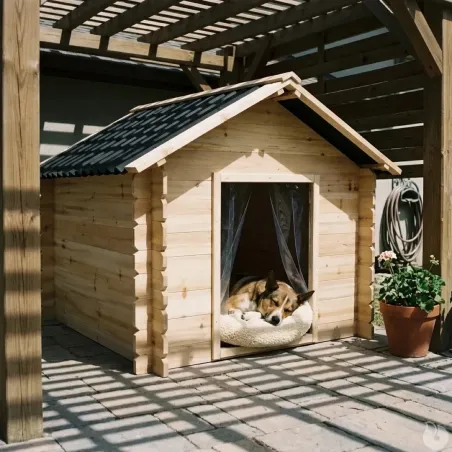 Niche chien en bois toit type chalet madrier toit PVC taille M : 86 x 76 x 70 cm