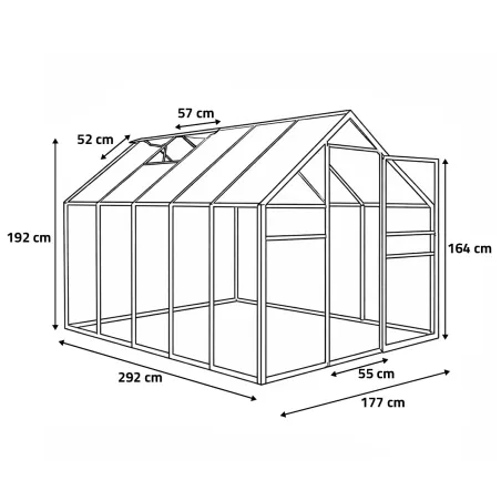 Serre aluminium 5,17m² - 292x177x192cm polycarbonate