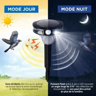 Répulsif solaire anti-oiseaux à sons et flashs