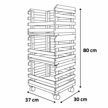 3 caisses à fruits en pin sur roulettes - 37x30x80 cm