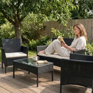 Salon jardin 4p résine tressée noir - détente extérieure