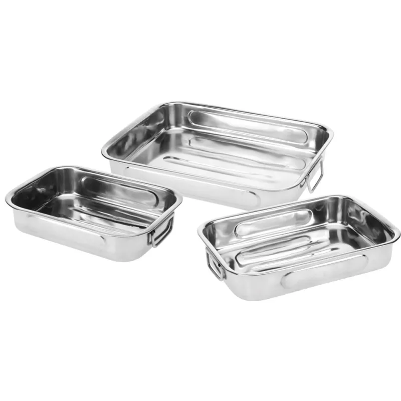 Lot de 3 plats à rôtir inox avec poignées rabattables