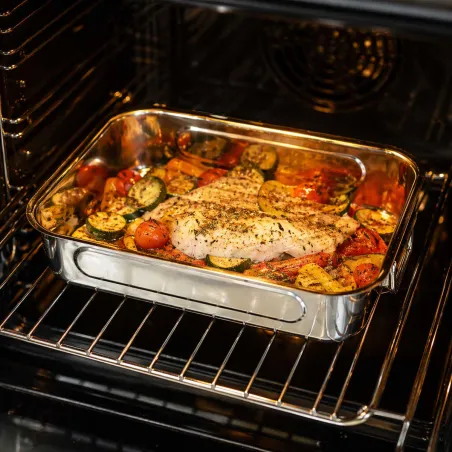 Lot de 3 plats à rôtir inox avec poignées rabattables