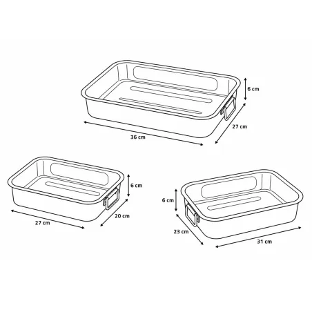 Lot de 3 plats à rôtir inox avec poignées rabattables