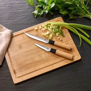 Kit découpe : planche + 2 couteaux inox 3Cr14 12,7 et 7,6 cm