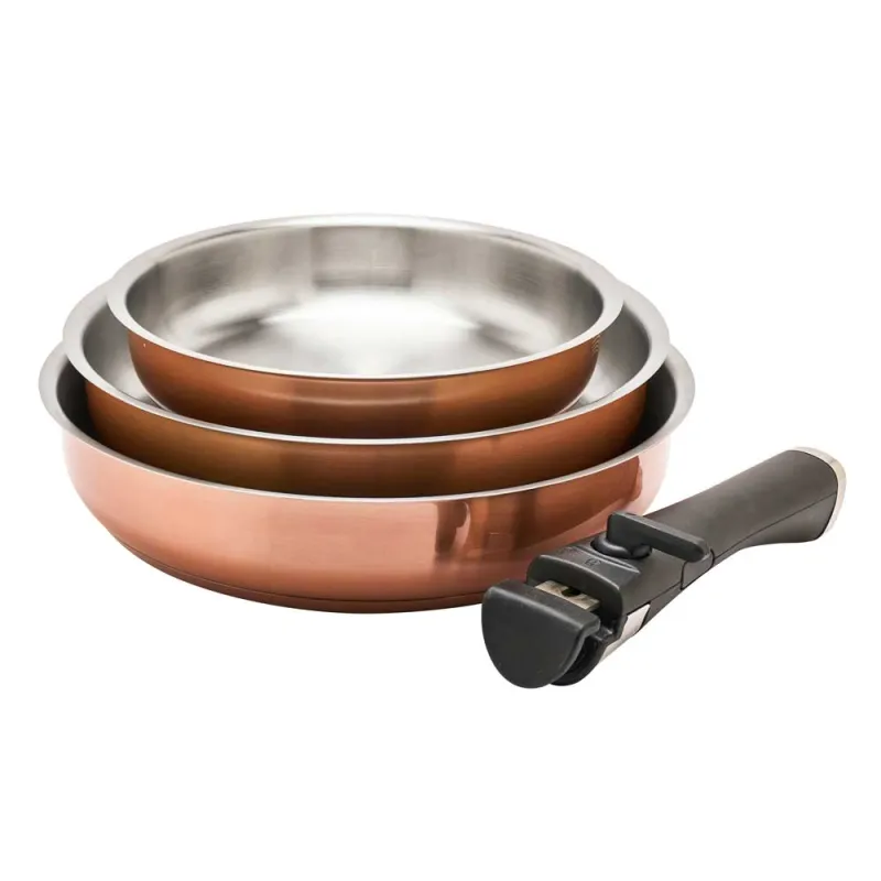 Set 3 poêles inox 20/24/26 cm + manche amovible