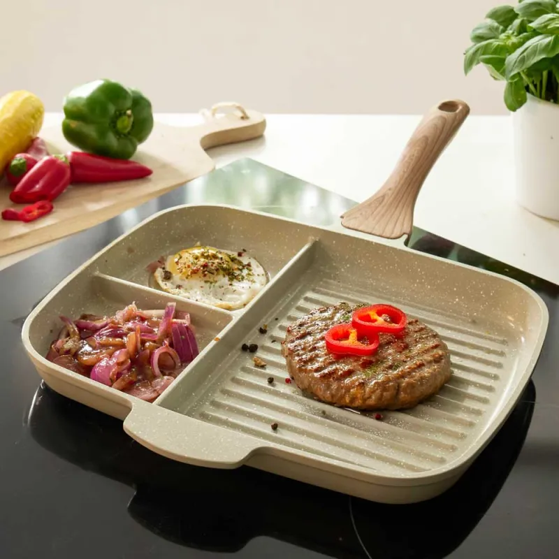 Poêle grill 2 compartiments céramique 31x24,5cm fonte alu