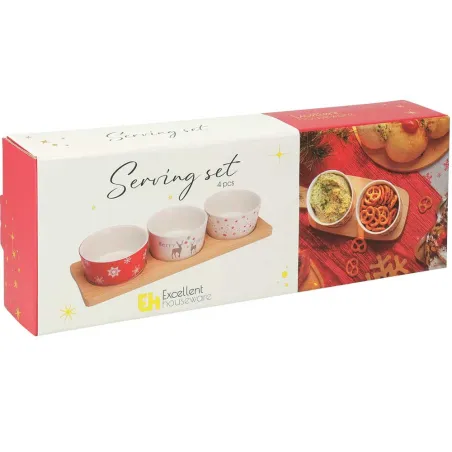 Ensemble 3 bols Noël porcelaine + plateau bambou 29x12cm