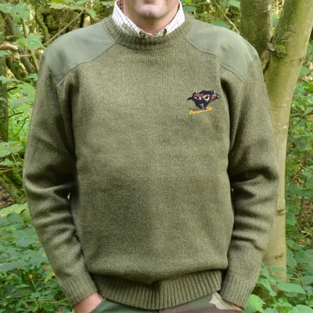 Pull chasse brodé sanglier - Taille S - Kaki