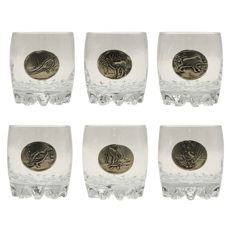 Lot de 6 verres à whisky 30 cl motif gibier en étain