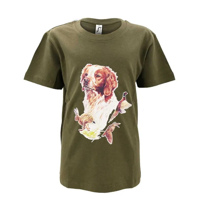T-shirt enfant épagneul chasse kaki 6-12 ans coton