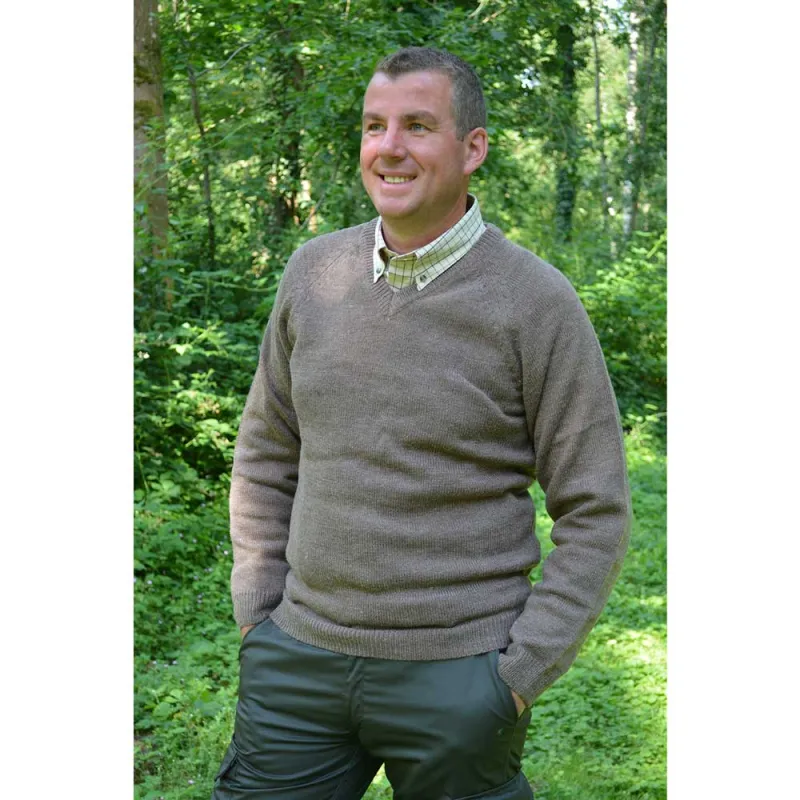 Pull col V marron en laine mélangée - Confort & style