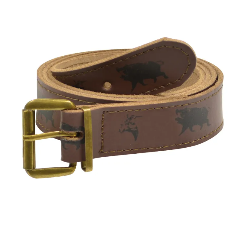 Ceinture chasse cuir motif sanglier et bécasse