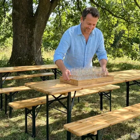 Ensemble 4 tables + 8 bancs pin massif 177 cm pliables