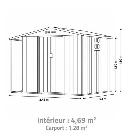 Abri acier Argence + carport - 2 portes coulissantes 1,28m²