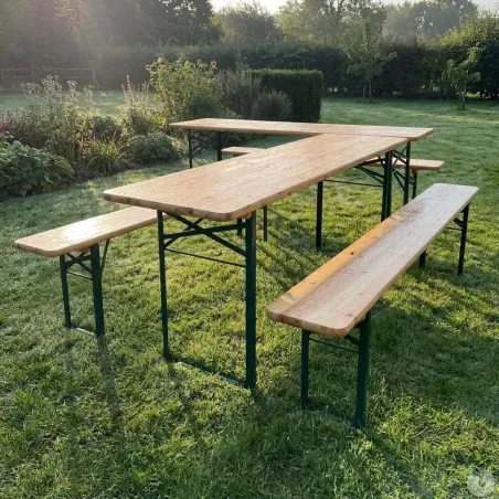 Ensemble 2 tables + 4 bancs pin massif 177 cm extérieur