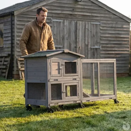 Clapier mobile bois avec parc pour lapin - Gris 150x55x86 cm