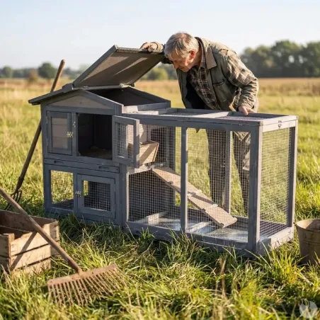 Clapier mobile bois avec parc pour lapin - Gris 150x55x86 cm