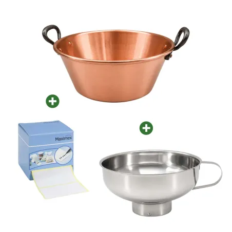 Kit confitures maison : bassine cuivre + entonnoir + 500 étiquettes