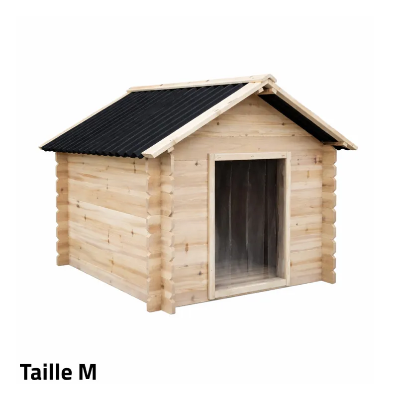 Niche chien en bois toit type chalet madrier toit PVC taille M : 86 x 76 x 70 cm