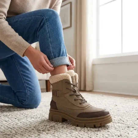 Bottines fourrées taupe effet peau de pêche - Confort hiver