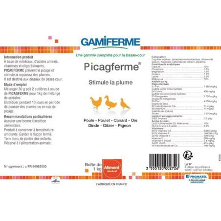 Aliment minéral Picagferme 1kg - Volaille & gibier
