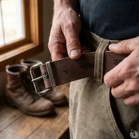 Ceinturon chasse cuir motif sanglier et bécasse