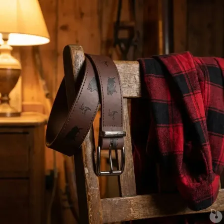Ceinturon chasse cuir motif sanglier et bécasse