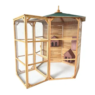 Volière hexagonale en bois avec sas et 3 abris inclus