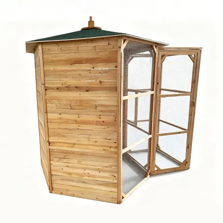 Volière hexagonale en bois avec sas et 3 abris inclus