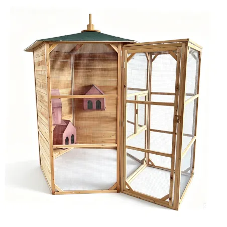 Volière hexagonale en bois avec sas et 3 abris inclus