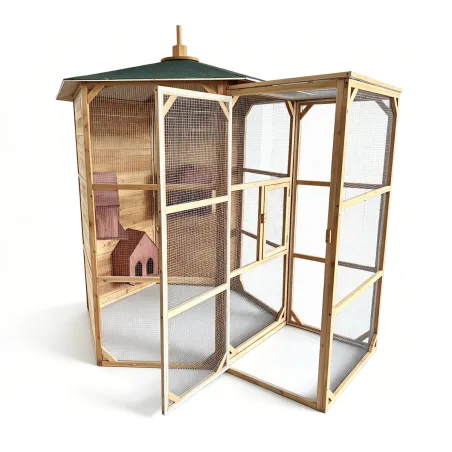 Volière hexagonale en bois avec sas et 3 abris inclus
