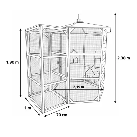 Volière hexagonale en bois avec sas et 3 abris inclus