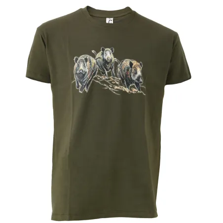 T-shirt chasse Bartavel® kaki motif sangliers