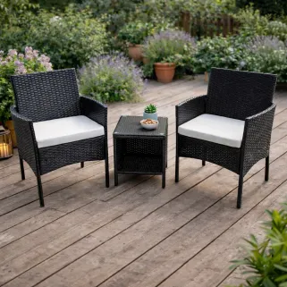 Salon jardin 2 fauteuils & table basse tressée noire