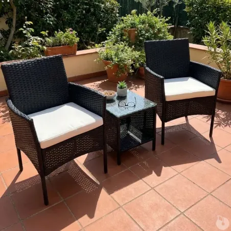 Salon jardin 2 fauteuils & table basse tressée noire