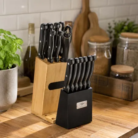 Bloc couteaux 15 pièces en pin - acier inox 420 + ciseaux