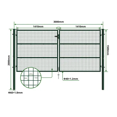 Portail 2 vantaux vert 3x1,5m - Maille 50mm acier