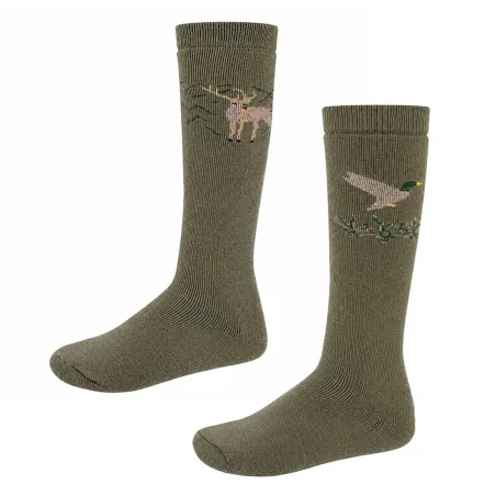 Chaussettes montantes kaki motifs cerf/canard