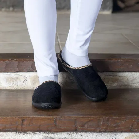 Mules Tara noires peau de pêche bordure léopard