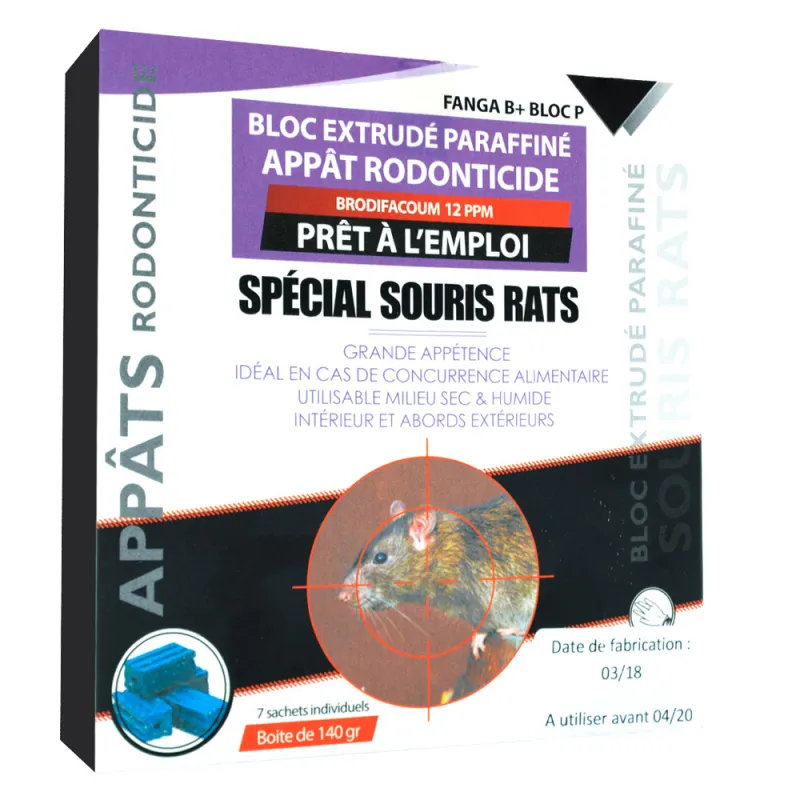 Bloc raticide brodifacoum 140g - Élimine rats et souris