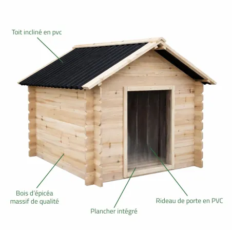 Niche chien en bois toit type chalet madrier toit PVC taille M : 86 x 76 x 70 cm