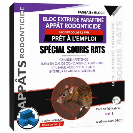 Bloc raticide brodifacoum 300g - Élimine rats et souris