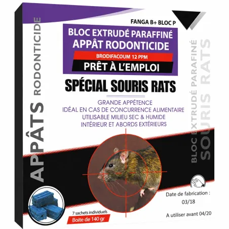 Bloc raticide brodifacoum 140g - Élimine rats et souris